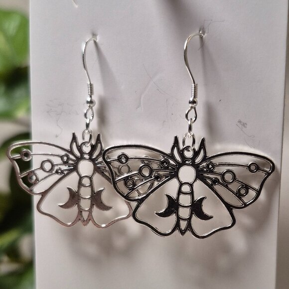 Handmade Silver Moon Butterfly Charm Earrings - Picture 2 of 2